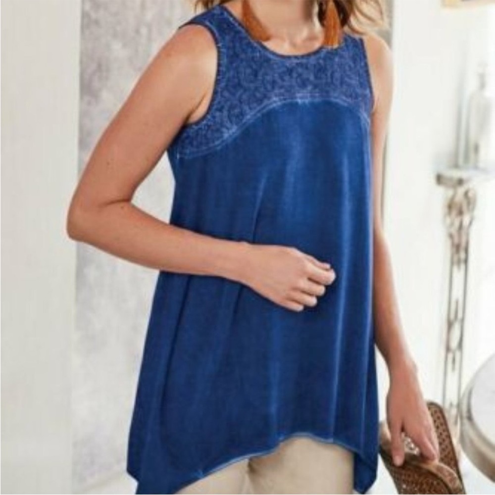 Soft‎ Surroundings Blue Kyela Sharkbite Hem Tank Top Size S